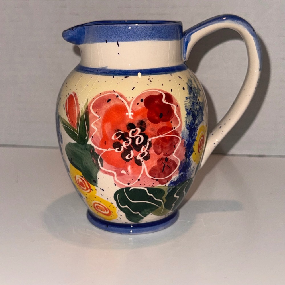 Julie Ueland Enesco Floral Pitcher Cream Blue Red Poppy Ceramic Vintage 2000